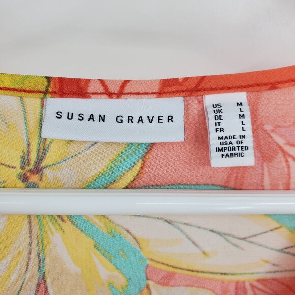 Susan Graver Asymmetrical Hem Coral Floral Flower Beachy Boho 3/4 Sleeve Shirt M - Picture 4 of 9